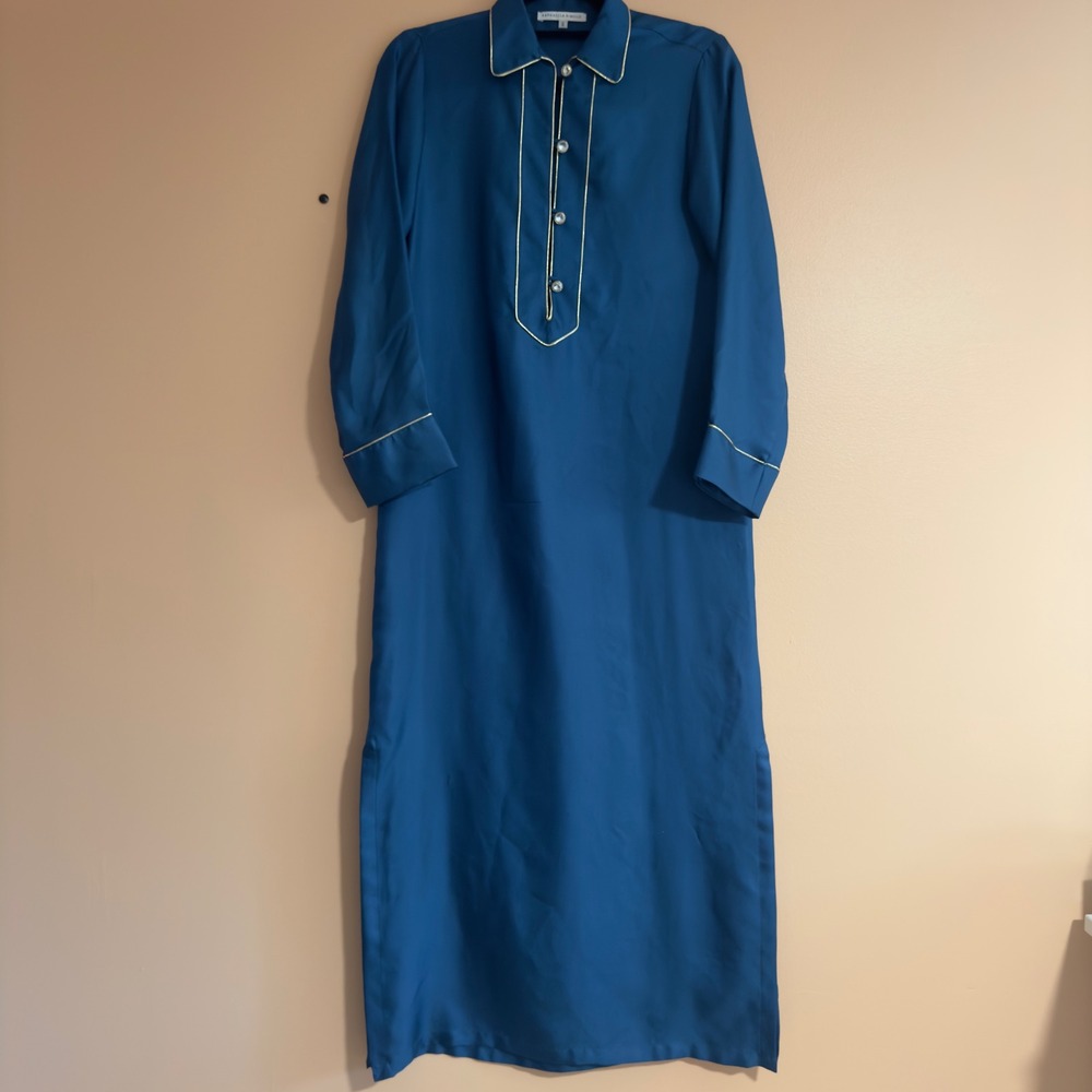 Raphaella Riboud Teal Blue 100% Silk Maxi Caftan Dress Made in Italy Size S